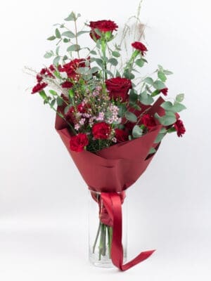 Bukiet z Czerwoną Różą, Goździkiem i Eukaliptusem